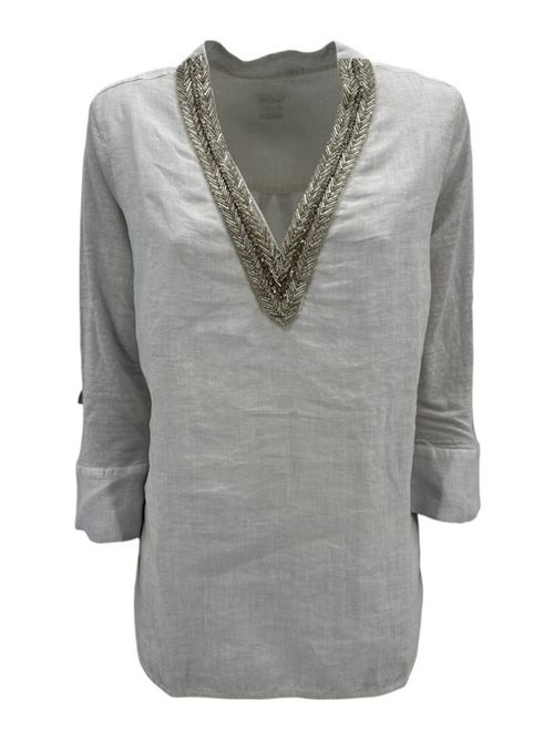 Women's v-neck pearl linen shirt with applied beads 120% Lino | 31ALIW70FS-000E908S00061